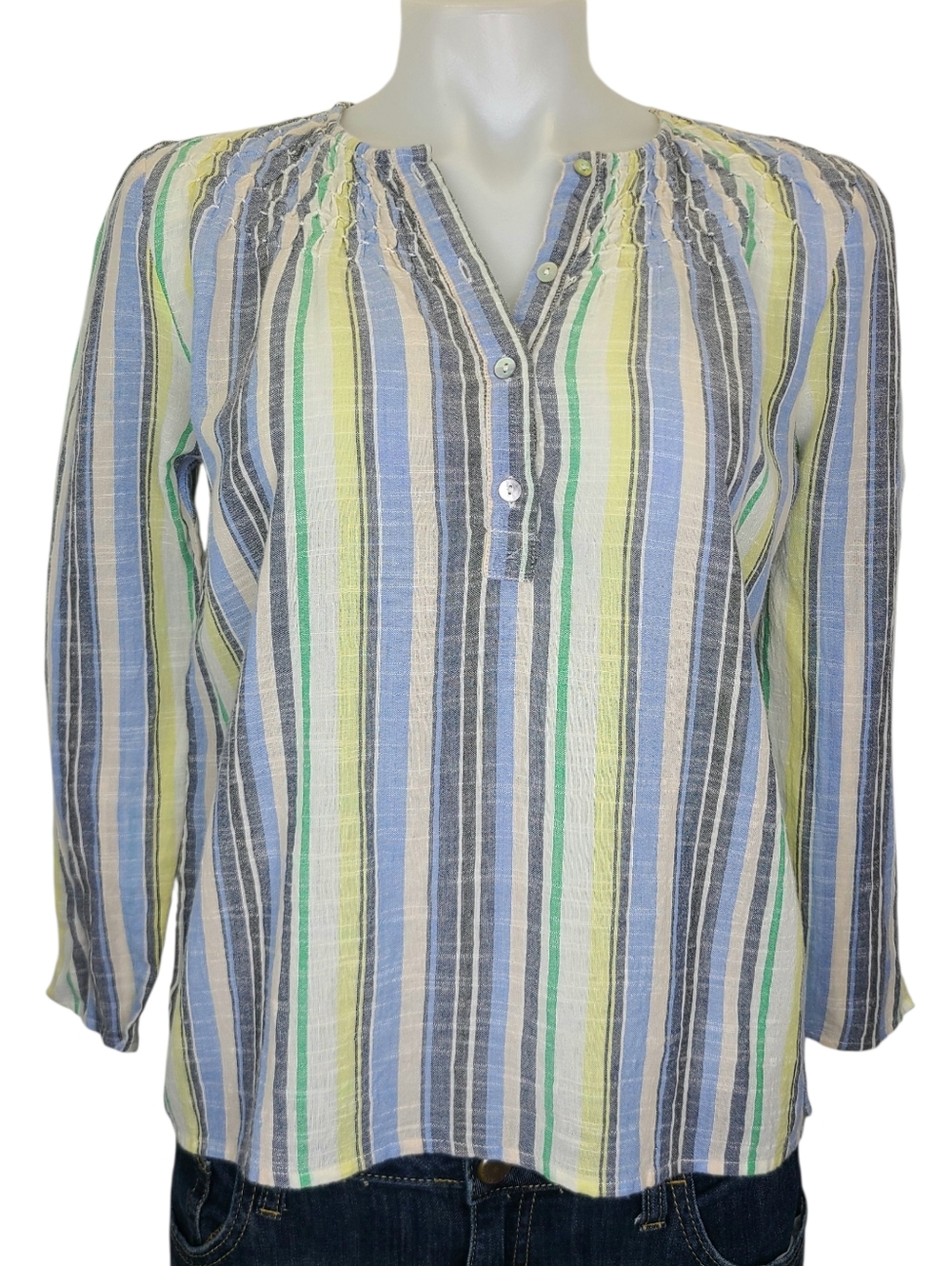 St. Roche Striped Henley Blouse Top Gauzy 100% Cotton Blue White Small